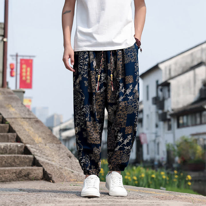 Buddha Stones Summer Boho Casual Drawstring Elephant Tree Print Cropped Pants Men's Harem Pants With Pockets - MidnightBlue - US/UK/AU46, EU56 (5XL) - image 29