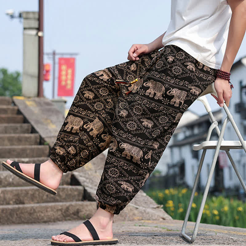 Buddha Stones Summer Boho Casual Drawstring Elephant Tree Print Cropped Pants Men's Harem Pants With Pockets - image 6