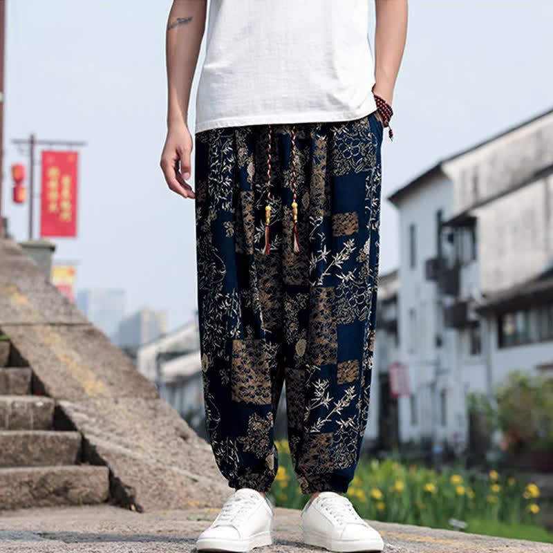 Buddha Stones Summer Boho Casual Drawstring Elephant Tree Print Cropped Pants Men's Harem Pants With Pockets - image 35