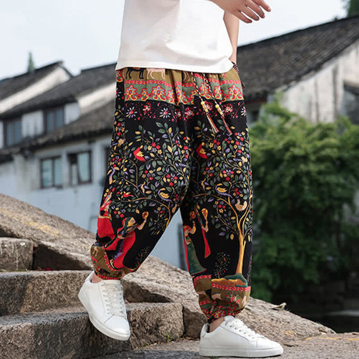 Buddha Stones Summer Boho Casual Drawstring Elephant Tree Print Cropped Pants Men's Harem Pants With Pockets - image 25