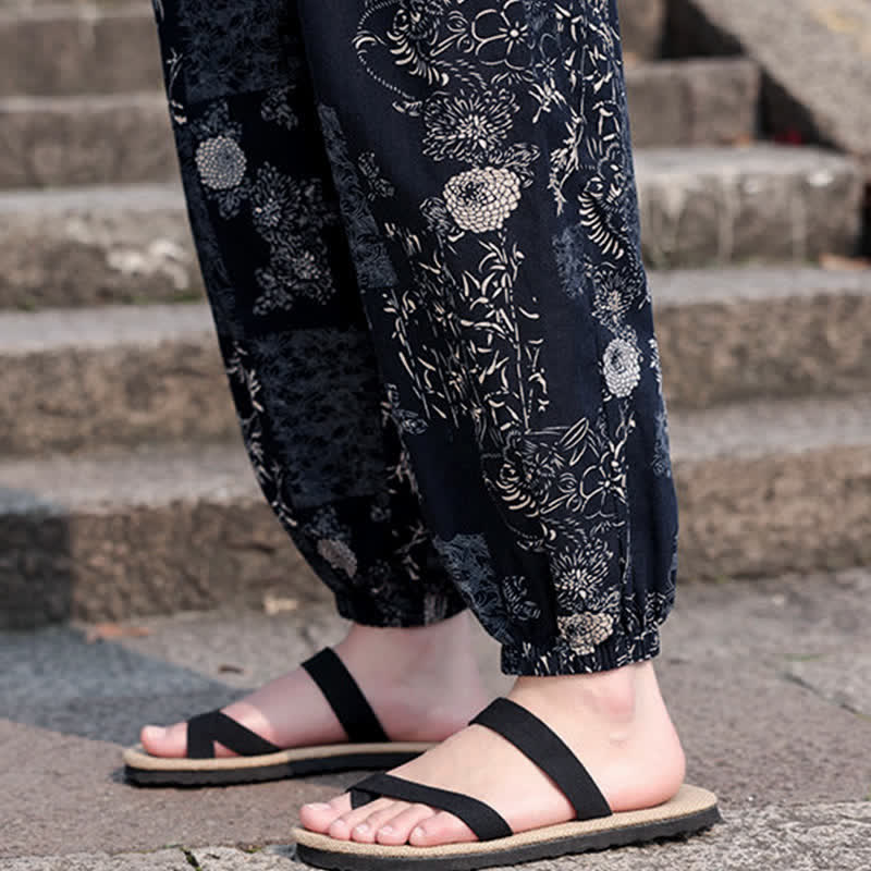 Buddha Stones Summer Boho Casual Drawstring Elephant Tree Print Cropped Pants Men's Harem Pants With Pockets - image 19