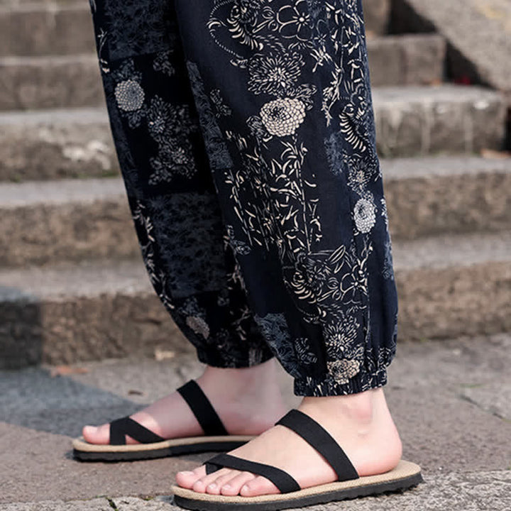 Buddha Stones Summer Boho Casual Drawstring Elephant Tree Print Cropped Pants Men's Harem Pants With Pockets - image 19
