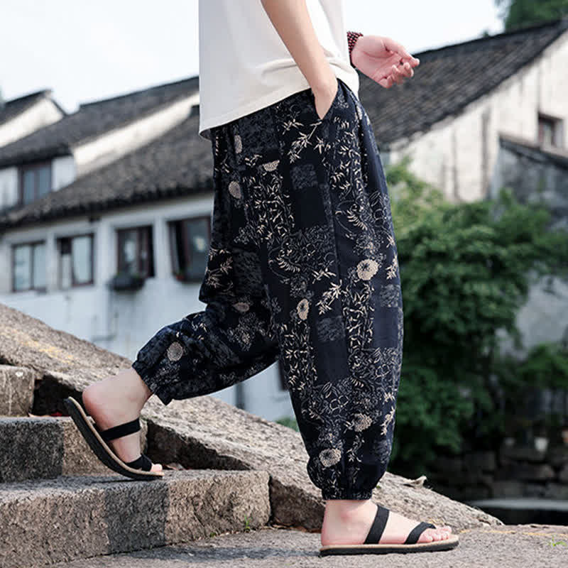 Buddha Stones Summer Boho Casual Drawstring Elephant Tree Print Cropped Pants Men's Harem Pants With Pockets - image 10