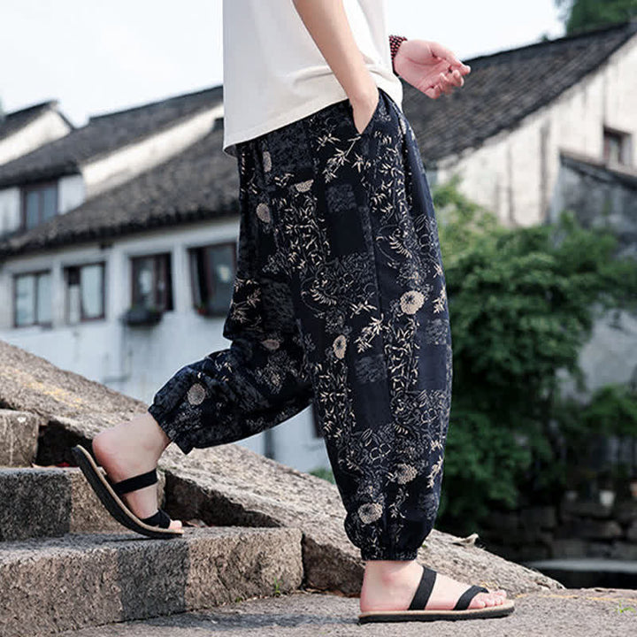 Buddha Stones Summer Boho Casual Drawstring Elephant Tree Print Cropped Pants Men's Harem Pants With Pockets - image 10