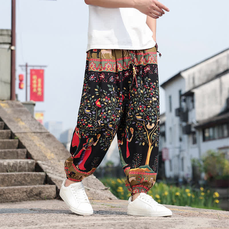 Buddha Stones Summer Boho Casual Drawstring Elephant Tree Print Cropped Pants Men's Harem Pants With Pockets - image 21