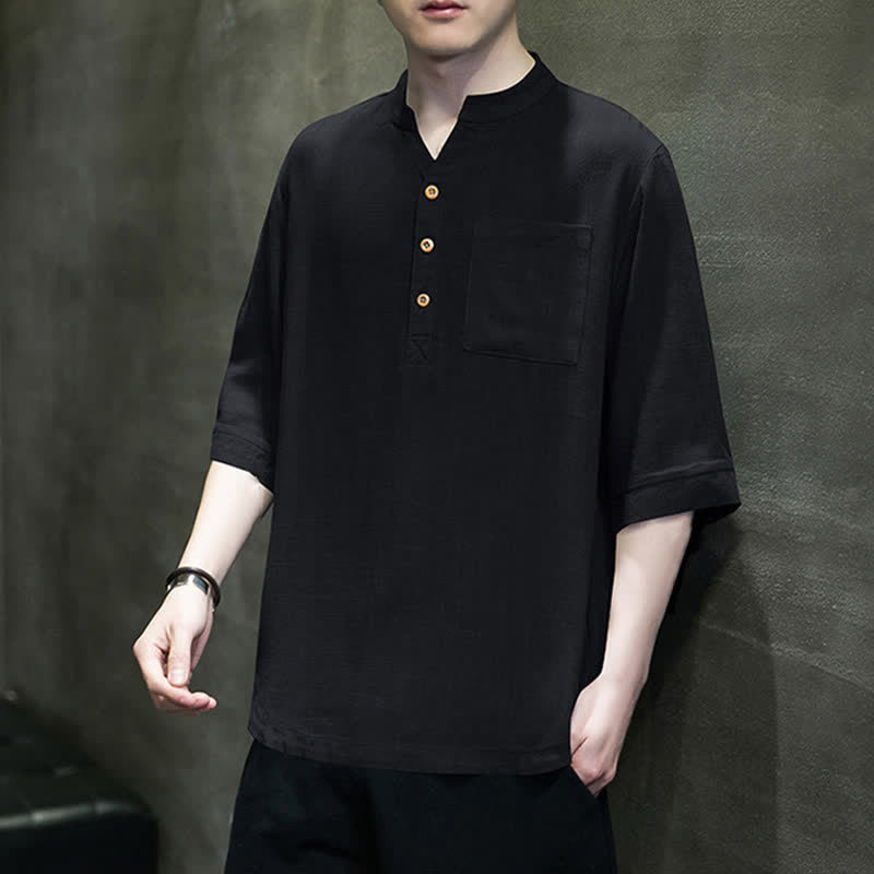 Buddha Stones Summer Casual Tang Style Mandarin Collar Solid Men's Short Sleeve Shirts With Patch Pocket - image 10