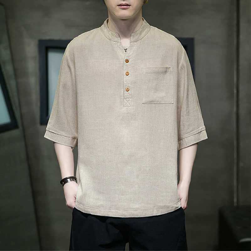 Buddha Stones Summer Casual Tang Style Mandarin Collar Solid Men's Short Sleeve Shirts With Patch Pocket - Burlywood - US/UK/AU46, EU56 (5XL) - image 12