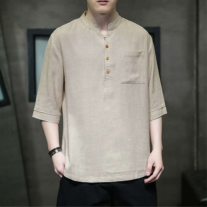 Buddha Stones Summer Casual Tang Style Mandarin Collar Solid Men's Short Sleeve Shirts With Patch Pocket - image 17