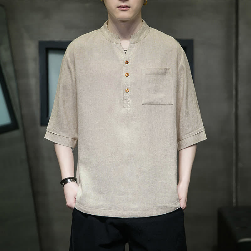 Buddha Stones Summer Casual Tang Style Mandarin Collar Solid Men's Short Sleeve Shirts With Patch Pocket - image 15