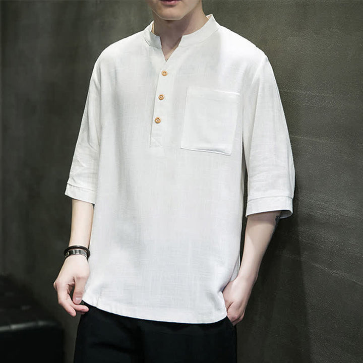 Buddha Stones Summer Casual Tang Style Mandarin Collar Solid Men's Short Sleeve Shirts With Patch Pocket - image 5
