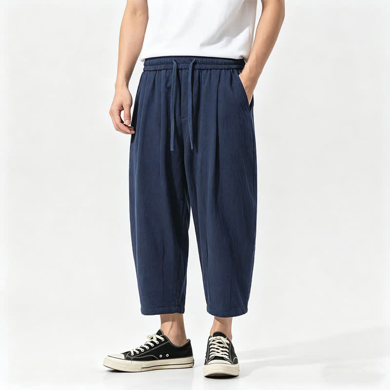 Buddha Stones Summer Casual Drawstring Solid Cotton Capri Pants Men's Harem Pants With Pockets - Navy - US/UK/AU46，EU56 (5XL) - image 2