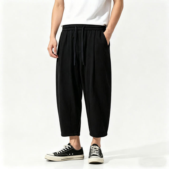 Buddha Stones Summer Casual Drawstring Solid Cotton Capri Pants Men's Harem Pants With Pockets - Black - US/UK/AU46，EU56 (5XL) - image 1