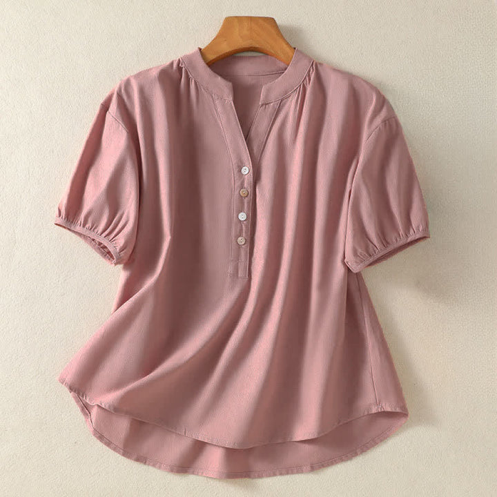 Buddha Stones Summer Casual Minimalist Button-Up Solid Women's Short Sleeve Shirts - LightPink - US12, UK/AU16, EU44 (2XL) - image 0