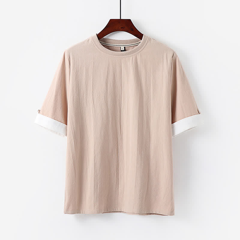 Buddha Stones Summer Casual Minimalist Button-Up Solid Crew Neck Cotton Men's Short Sleeve T-Shirts - AntiqueWhite - US/UK/AU48, EU58 (6XL) - image 3