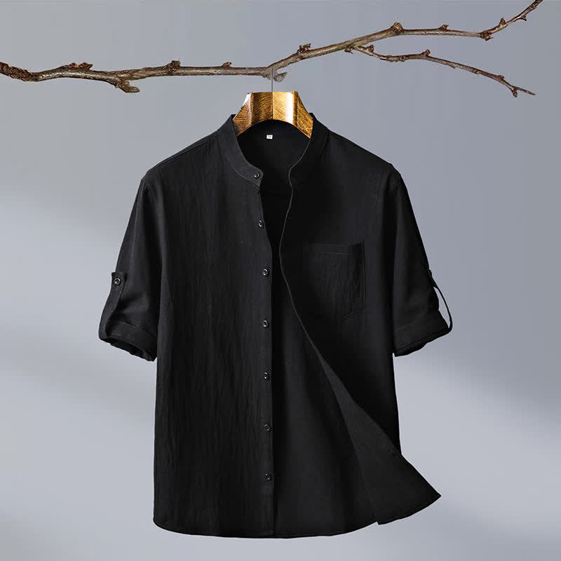 Buddha Stones Summer Tang Style Casual Mandarin Collar Solid Cotton Men's Short Sleeve Shirts With Patch Pocket - Black - US/UK/AU46, EU56 (5XL) - image 11