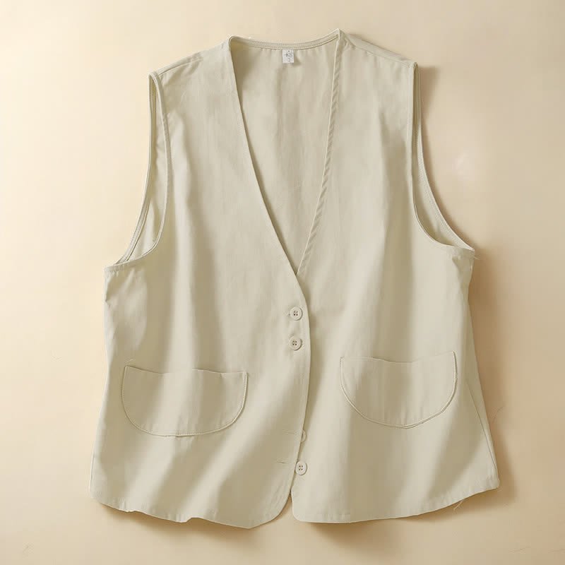 Buddha Stones Summer Casual Minimalist Button-Up Solid Women's Sleeveless Shirts Tank Top With Pocket - Beige - US14, UK/AU18, EU46 (2XL) - image 0