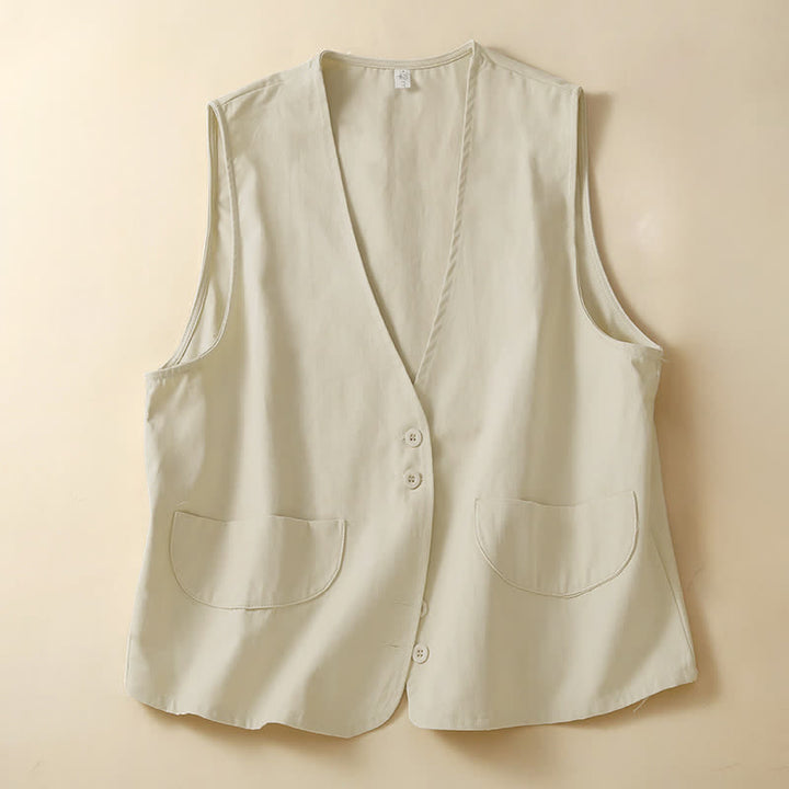 Buddha Stones Summer Casual Minimalist Button-Up Solid Women's Sleeveless Shirts Tank Top With Pocket - Beige - US14, UK/AU18, EU46 (2XL) - image 0