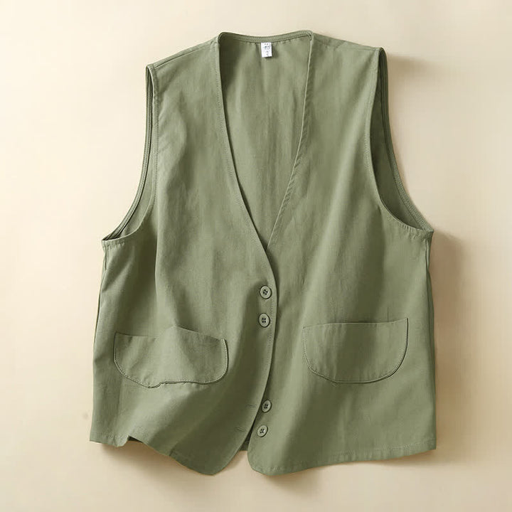 Buddha Stones Summer Casual Minimalist Button-Up Solid Women's Sleeveless Shirts Tank Top With Pocket - DarkSeaGreen - US14, UK/AU18, EU46 (2XL) - image 17