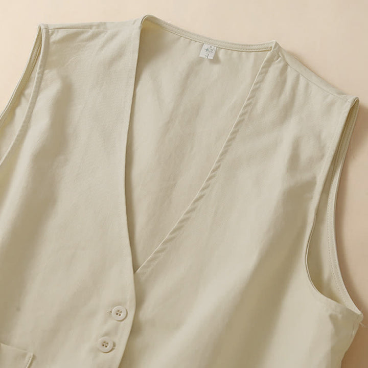 Buddha Stones Summer Casual Minimalist Button-Up Solid Women's Sleeveless Shirts Tank Top With Pocket - image 1