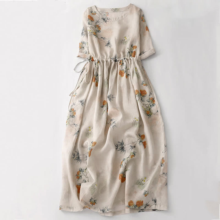 Buddha Stones Summer Vintage Drawstring Beige Floral Crew Neck Women's Short Sleeve Dress With Pocket - AntiqueWhite - US12, UK/AU16, EU44 (2XL) - image 0