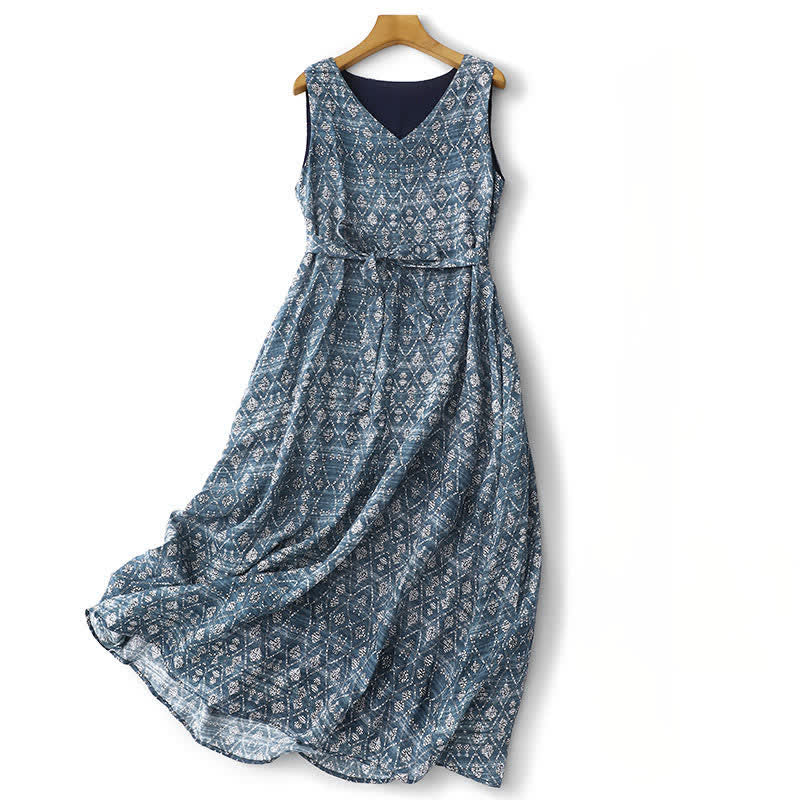 Buddha Stones Summer Boho Drawstring Blue Geometric Women's Summer Sleeveless Dress With Pockets - CadetBlue - US12, UK/AU16, EU44 (2XL) - image 0