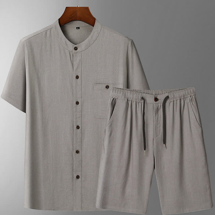 Buddha Stones Summer Casual Mandarin Collar Solid Short Sleeve Shirt Drawstring Pants Men's Matching Sets With Pockets - Light Gray Shirt + Pants - US/UK/AU46，EU56 (5XL) - image 3