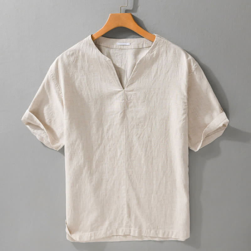 Buddha Stones Summer Minimalist Solid V-Neck Men's Short Sleeve T-Shirts - Linen - US/UK/AU42，EU52 (3XL) - image 0