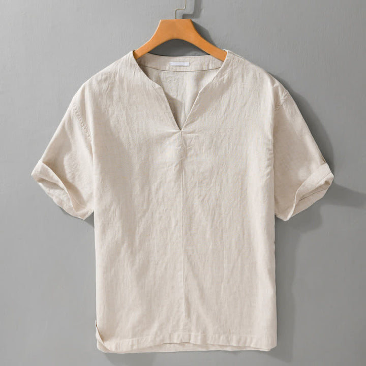 Buddha Stones Summer Minimalist Solid V-Neck Men's Short Sleeve T-Shirts - Linen - US/UK/AU42，EU52 (3XL) - image 0