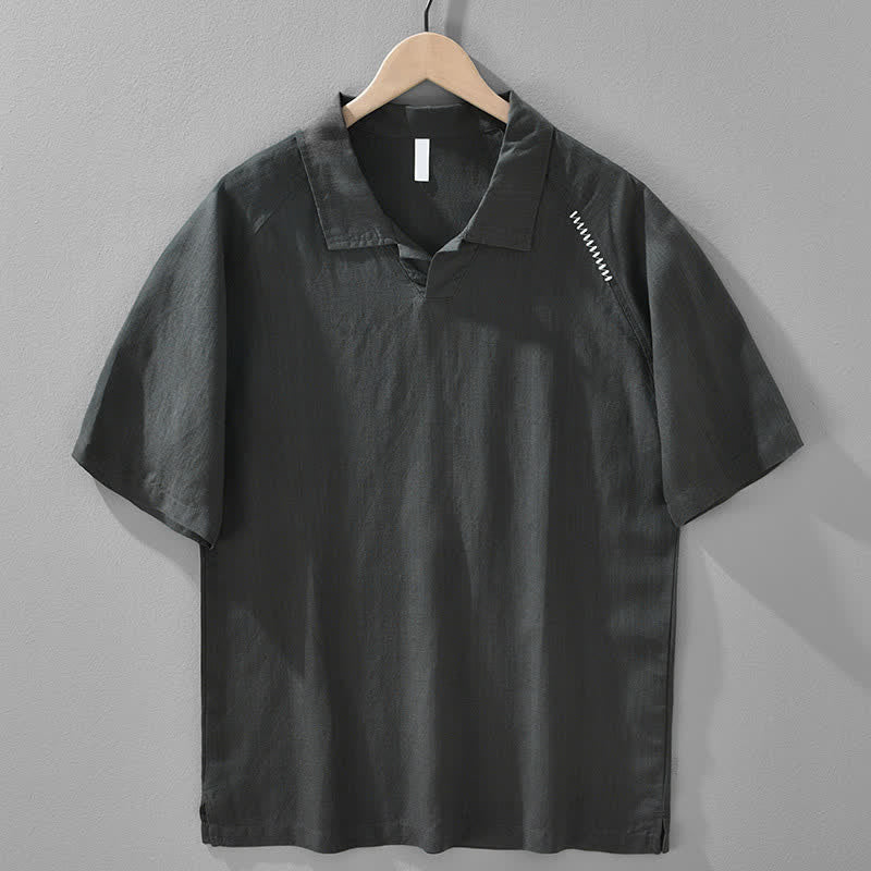 Buddha Stones Summer Casual Minimalist Side Slit Solid Lapel Collar Men's Short Sleeve Shirts - DarkSlateGray - US/UK/AU42，EU52 (3XL) - image 0