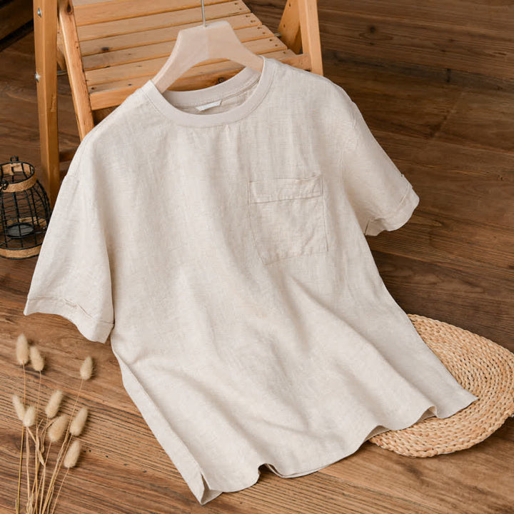 Buddha Stones Summer Casual Minimalist Solid Men's Short Sleeve T-Shirts With Patch Pocket - Linen - US/UK/AU42，EU52 (3XL) - image 0