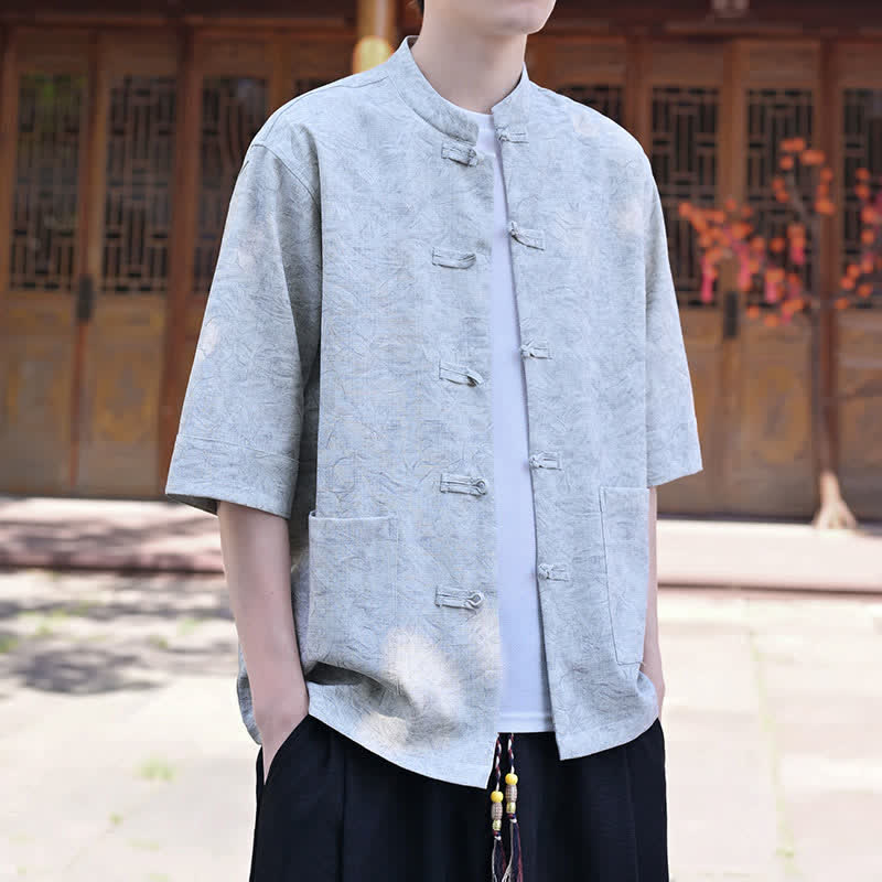Buddha Stones Summer Tang Style Mandarin Collar Frog Button Solid Men's Short Sleeve Shirts With Pocket - image 1