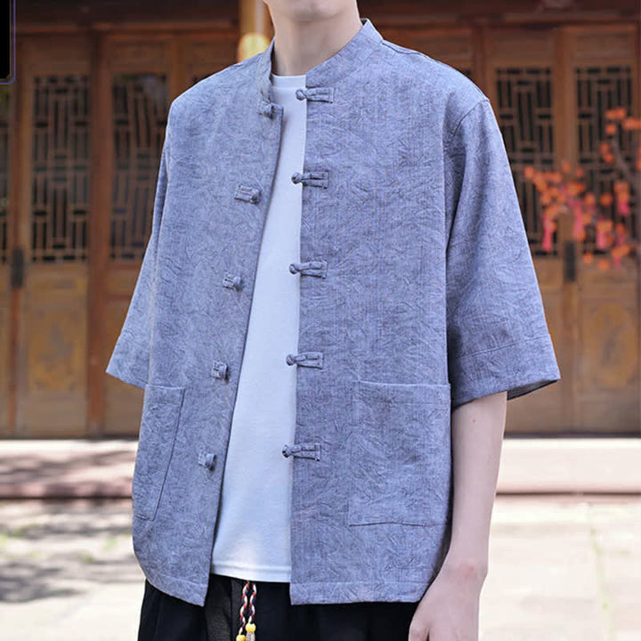 Buddha Stones Summer Tang Style Mandarin Collar Frog Button Solid Men's Short Sleeve Shirts With Pocket - image 16