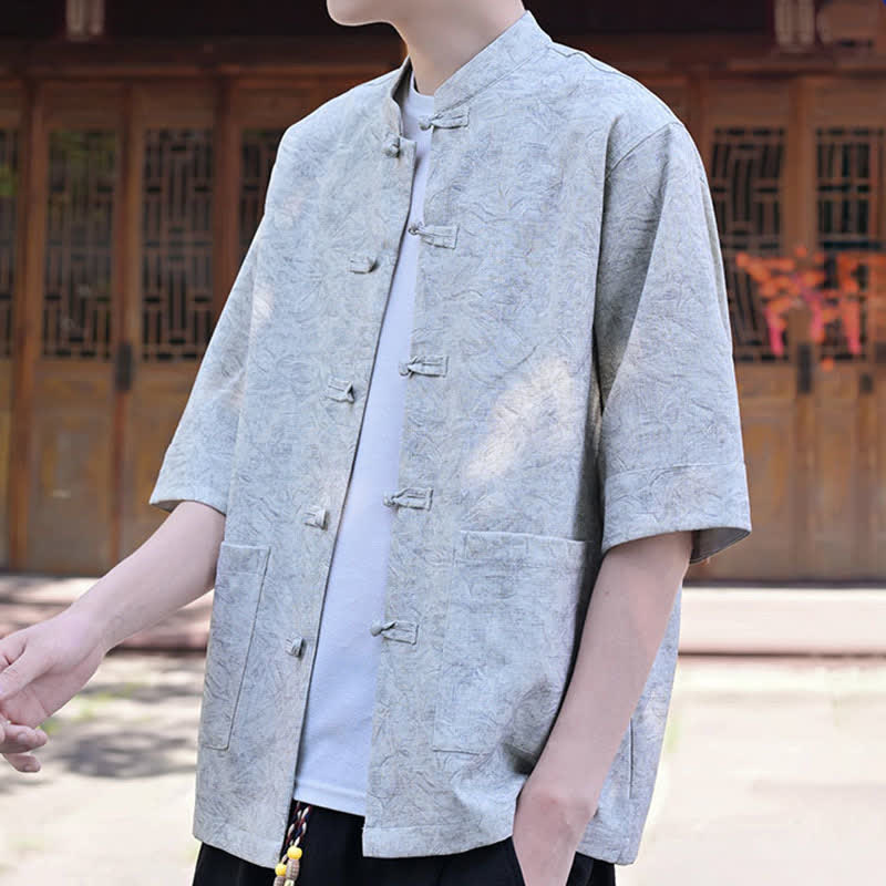 Buddha Stones Summer Tang Style Mandarin Collar Frog Button Solid Men's Short Sleeve Shirts With Pocket - image 4