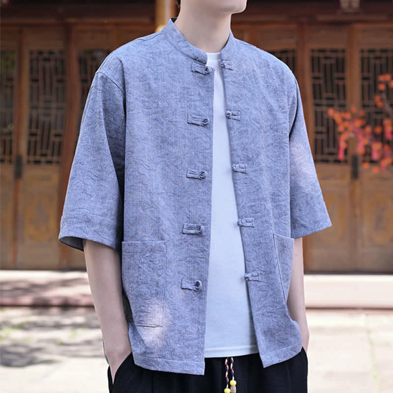 Buddha Stones Summer Tang Style Mandarin Collar Frog Button Solid Men's Short Sleeve Shirts With Pocket - image 17