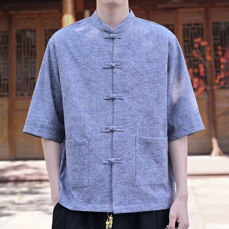 Buddha Stones Summer Tang Style Mandarin Collar Frog Button Solid Men's Short Sleeve Shirts With Pocket - image 20