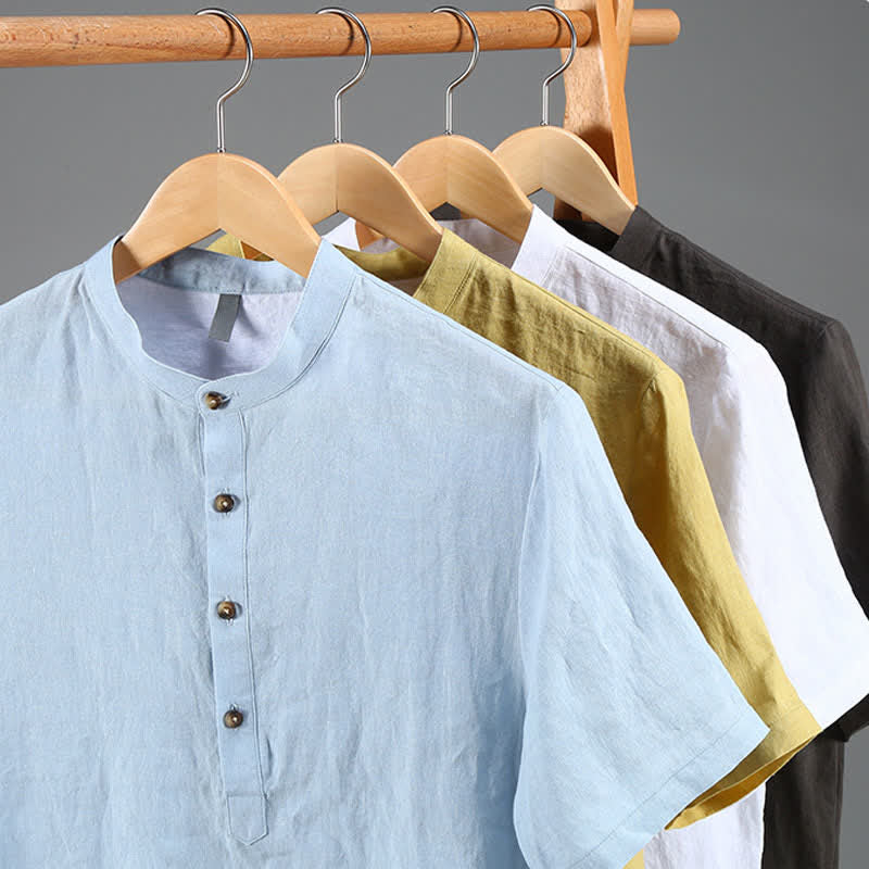 Buddha Stones Summer Tang Style Casual Mandarin Collar Solid Linen Men's Short Sleeve Shirts - image 17
