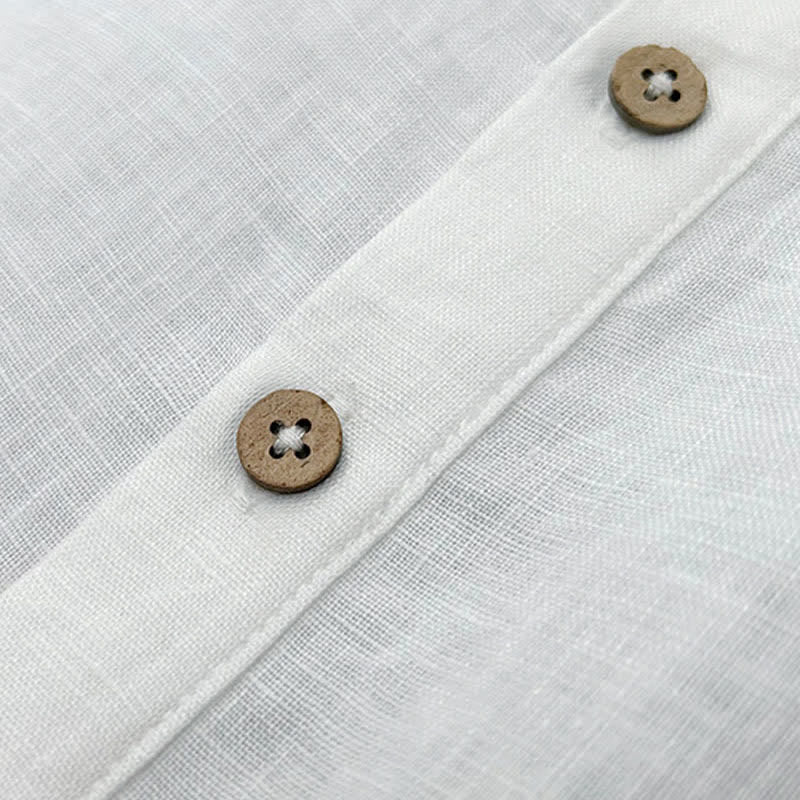 Buddha Stones Summer Casual Side Slit Solid Linen Men's Short Sleeve Shirts - image 3