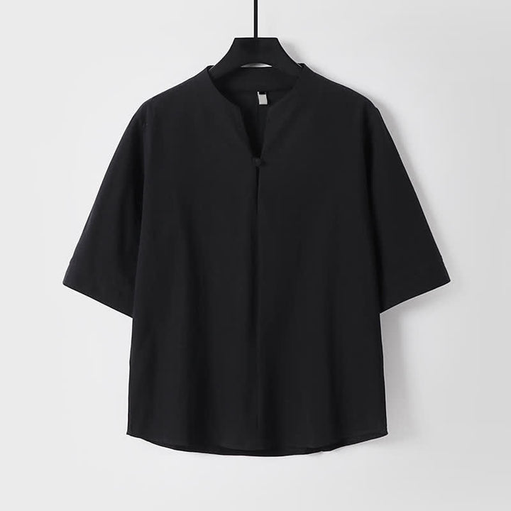 Buddha Stones 2Pcs Spring Summer Casual Tang Style Drawstring Solid Shirt Cropped Pants Men's Meditation Cloth With Pocket - image 4