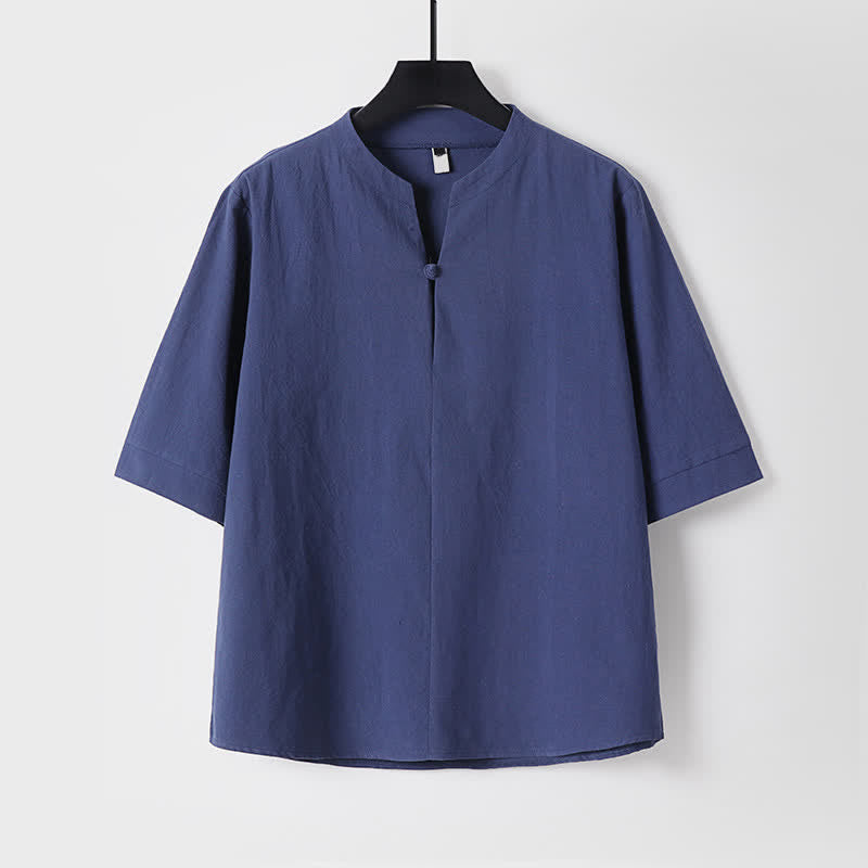 Buddha Stones 2Pcs Spring Summer Casual Tang Style Drawstring Solid Shirt Cropped Pants Men's Meditation Cloth With Pocket - image 7