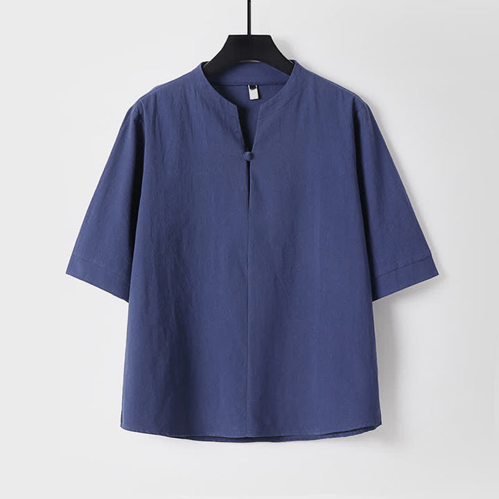 Buddha Stones 2Pcs Spring Summer Casual Tang Style Drawstring Solid Shirt Cropped Pants Men's Meditation Cloth With Pocket - image 7