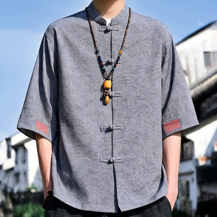 Buddha Stones Summer Tang Style Mandarin Collar Frog Button Solid Men's Short Sleeve Shirts - LightGray - US/UK/AU46，EU56 (5XL) - image 12