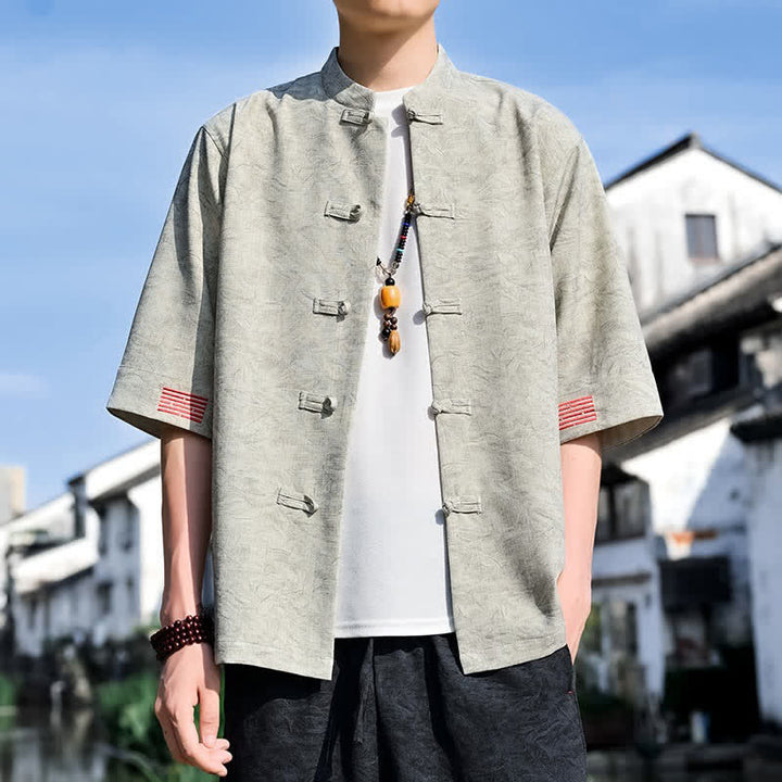 Buddha Stones Summer Tang Style Mandarin Collar Frog Button Solid Men's Short Sleeve Shirts - Beige - US/UK/AU46，EU56 (5XL) - image 0
