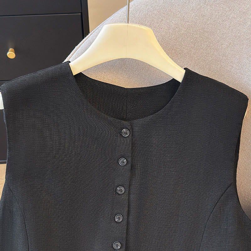 Buddha Stones Summer Elegant Button-Up Solid Crew Neck Tank Top Women's Sleeveless Shirts - image 14