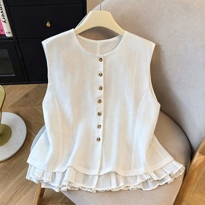 Buddha Stones Summer Elegant Button-Up Solid Crew Neck Tank Top Women's Sleeveless Shirts - White - US12, UK/AU16, EU44 (2XL) - image 0