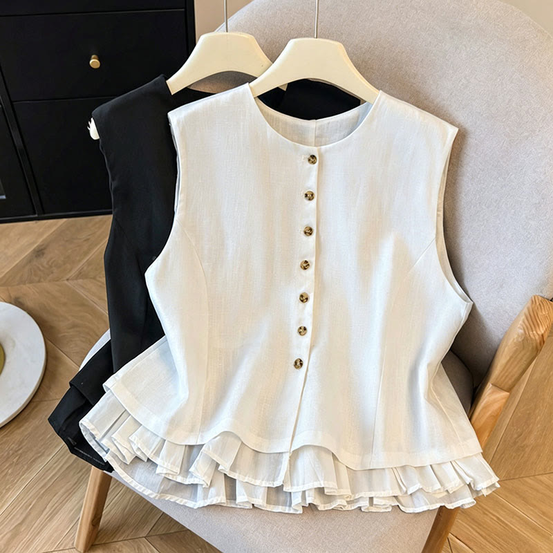 Buddha Stones Summer Elegant Button-Up Solid Crew Neck Tank Top Women's Sleeveless Shirts - image 10