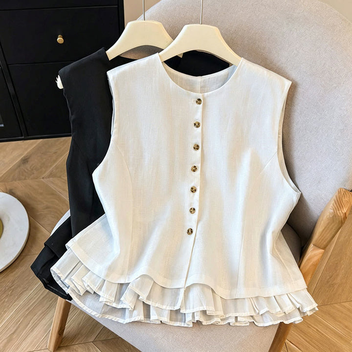 Buddha Stones Summer Elegant Button-Up Solid Crew Neck Tank Top Women's Sleeveless Shirts - image 10