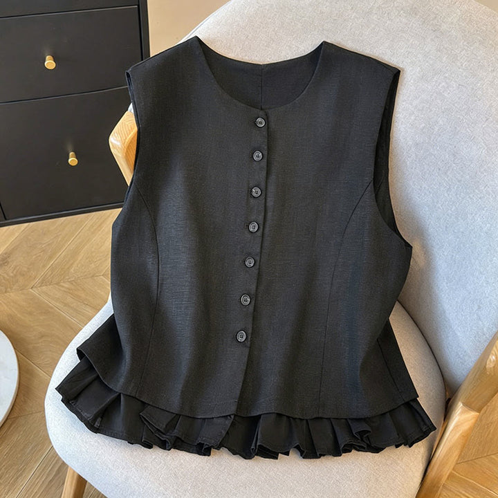 Buddha Stones Summer Elegant Button-Up Solid Crew Neck Tank Top Women's Sleeveless Shirts - image 12