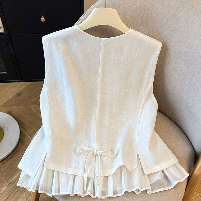 Buddha Stones Summer Elegant Button-Up Solid Crew Neck Tank Top Women's Sleeveless Shirts - image 2