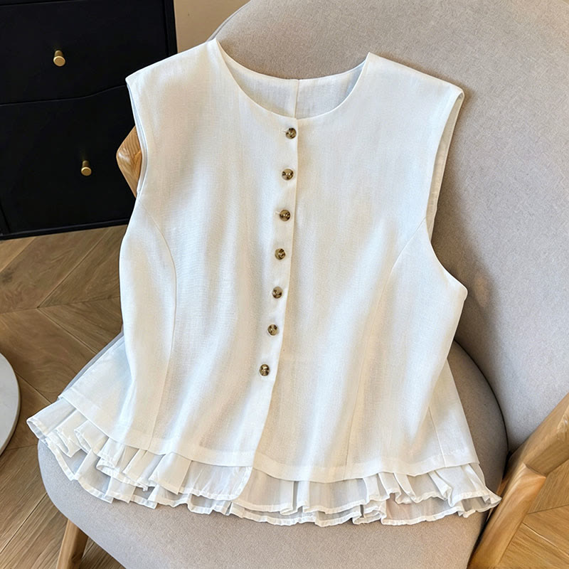 Buddha Stones Summer Elegant Button-Up Solid Crew Neck Tank Top Women's Sleeveless Shirts - image 1
