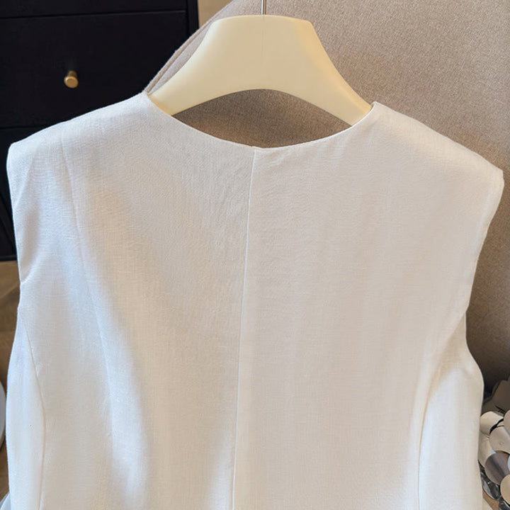 Buddha Stones Summer Elegant Button-Up Solid Crew Neck Tank Top Women's Sleeveless Shirts - image 4